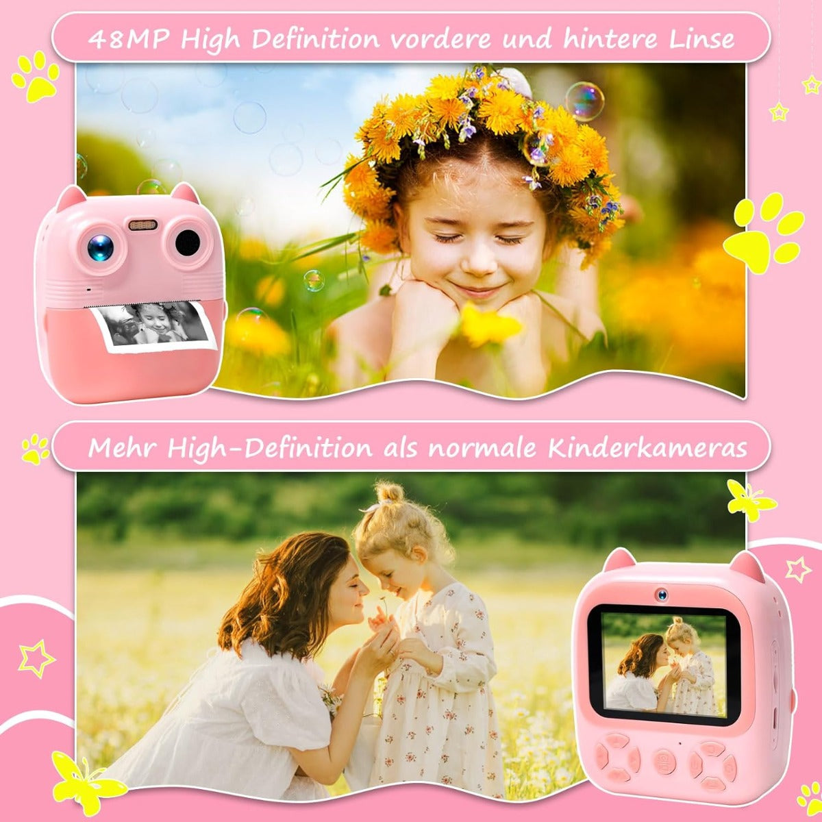 Fotocamera istantanea per bambini 48 MP doppia lente digitale 1080p con 3 rotoli di carta