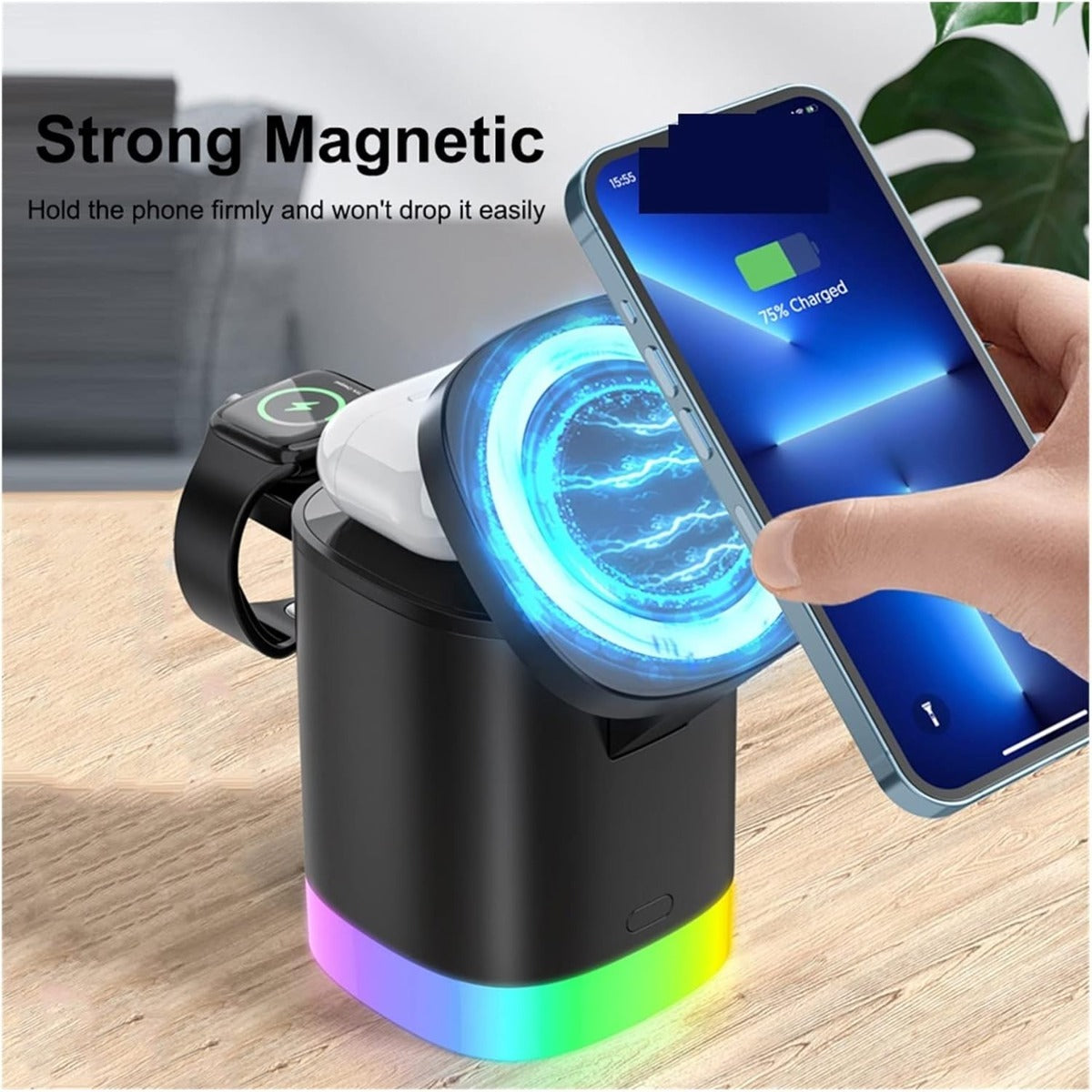 Caricabatterie Wireless Magnetico 3 in 1 con Supporto, Docking Station con Luce a LED e Ricarica Rapida