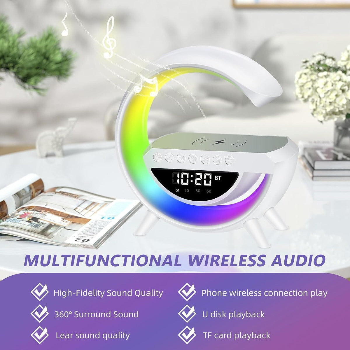 Altoparlante bluetooth luce led con orologio caricabatterie wireless audio lampada a forma di g