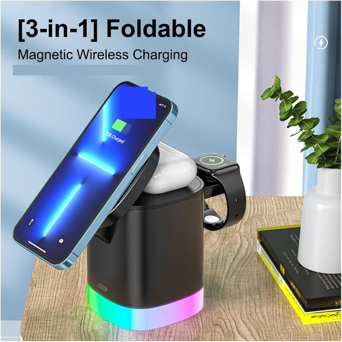 Caricabatterie Wireless Magnetico 3 in 1 con Supporto, Docking Station con Luce a LED e Ricarica Rapida