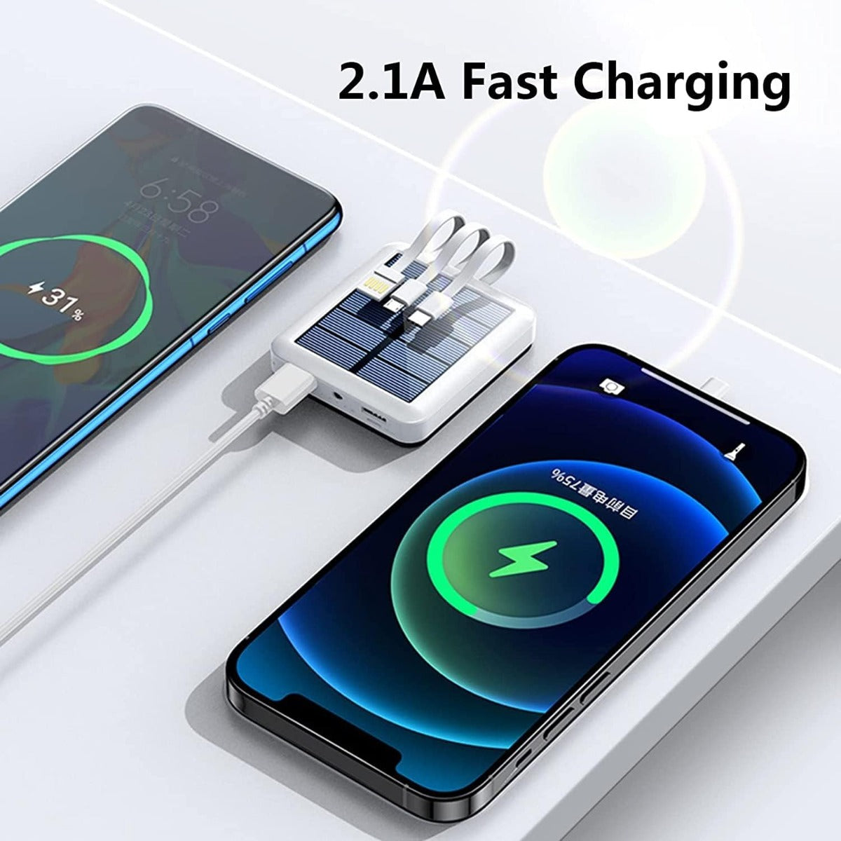 Solar Power Bank - Mini Caricatore Solare con 4 Cavi Integrati e Torcia LED 12000 mAh