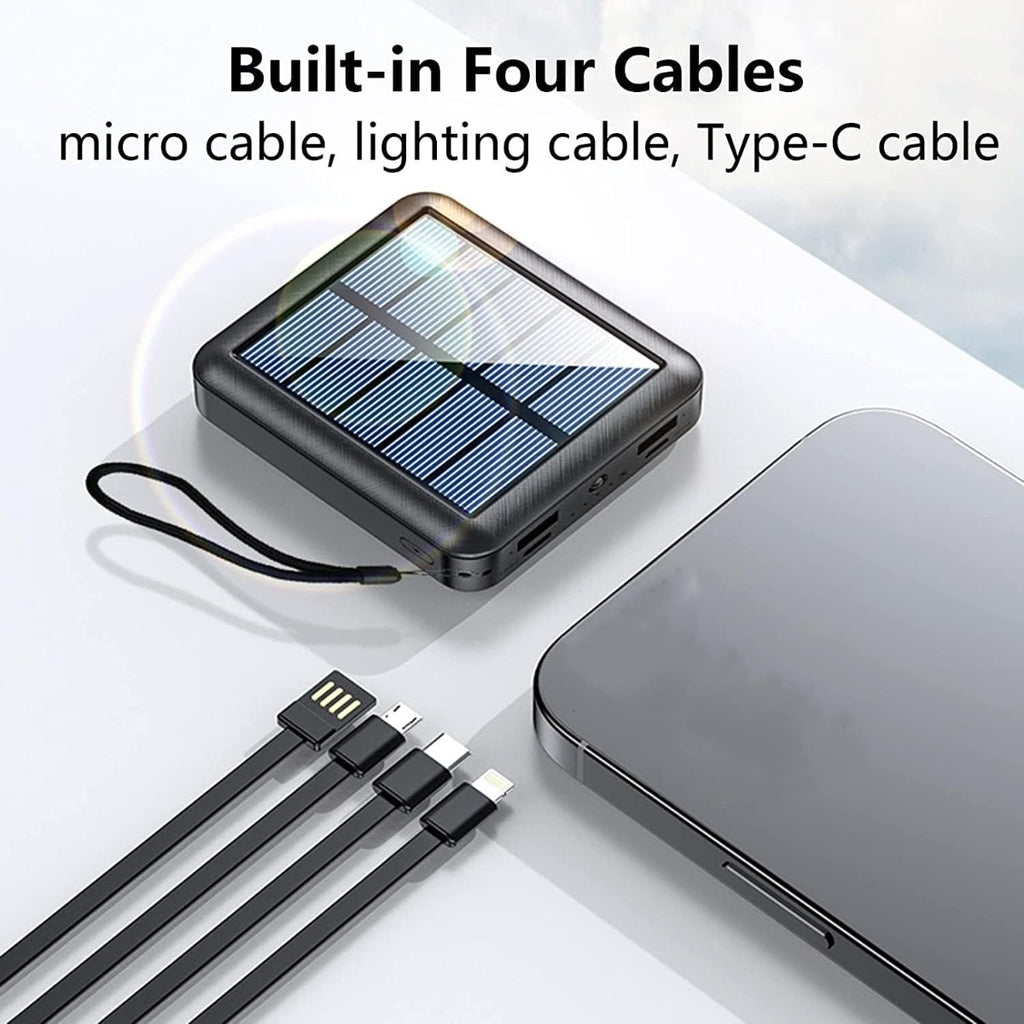 Solar Power Bank - Mini Caricatore Solare con 4 Cavi Integrati e Torcia LED 12000 mAh