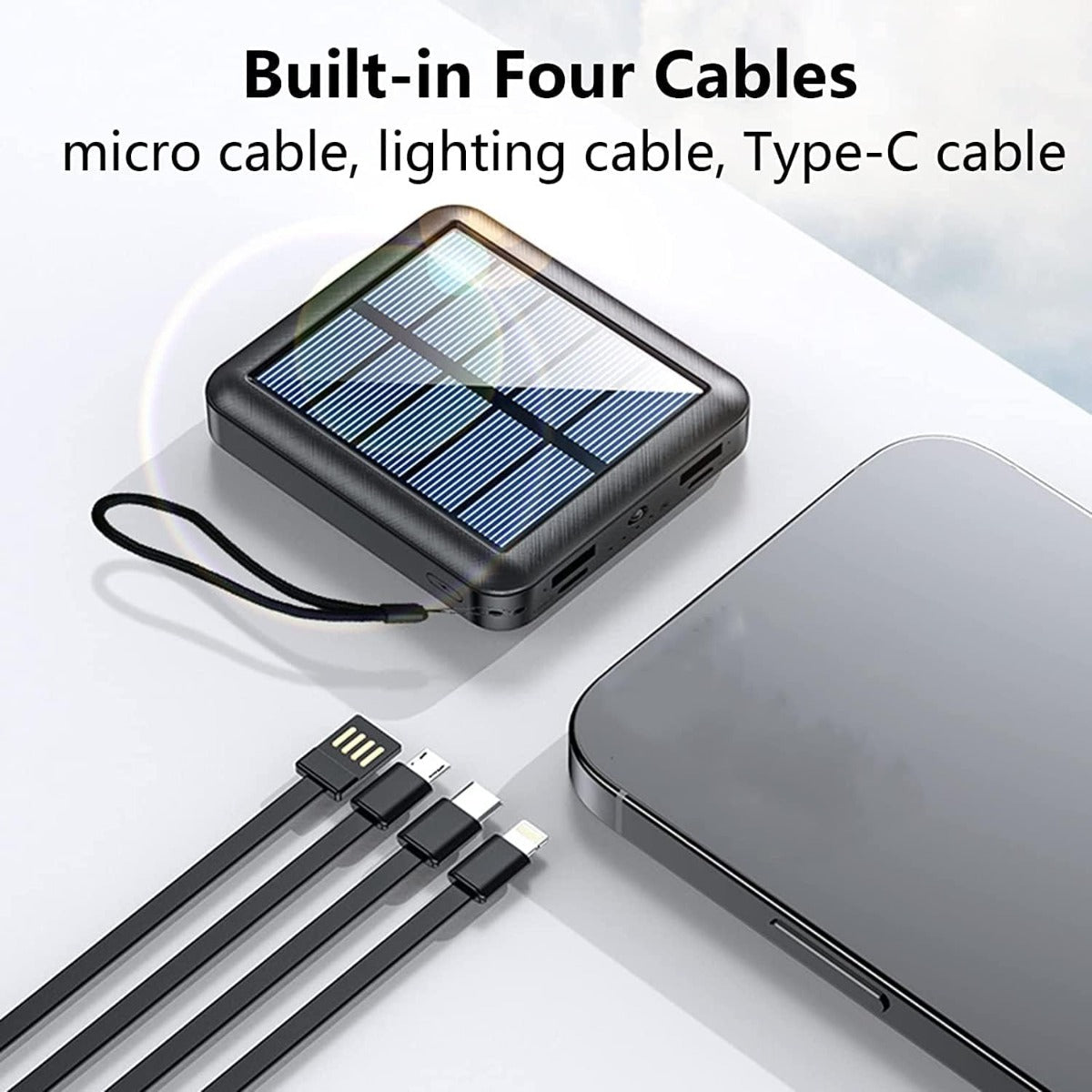 Solar Power Bank - Mini Caricatore Solare con 4 Cavi Integrati e Torcia LED 12000 mAh