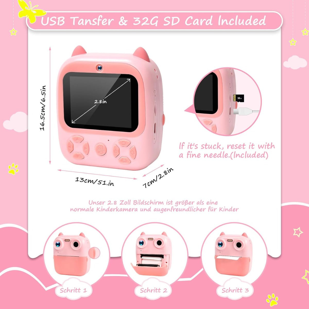 Fotocamera istantanea per bambini 48 MP doppia lente digitale 1080p con 3 rotoli di carta