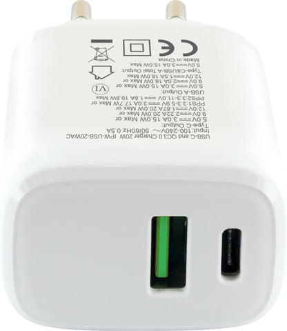 Caricatore Alimentatore GaN USB-C 20W e USB-A 18W da Muro