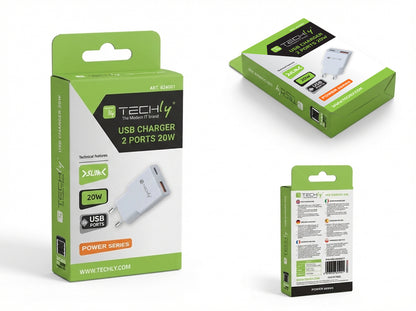 Caricatore Alimentatore USB-C 20W e USB-A QC da Muro