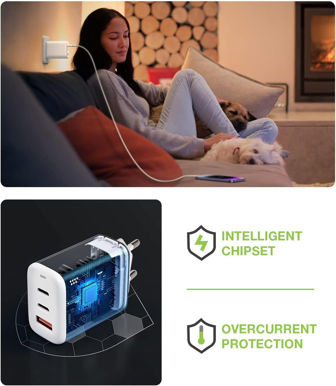 Caricatore Alimentatore 2 porte USB-C e 1 USB-A da Muro 65W