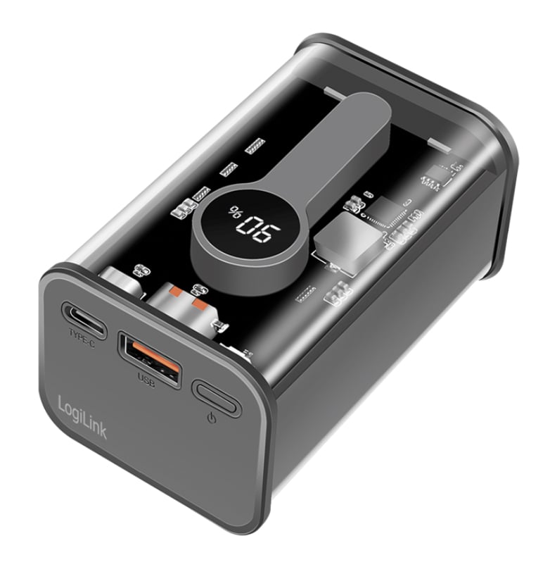 Power Bank 10000 mAh 1x USB-A 1x USB-C con Display PD & QC Trasparente