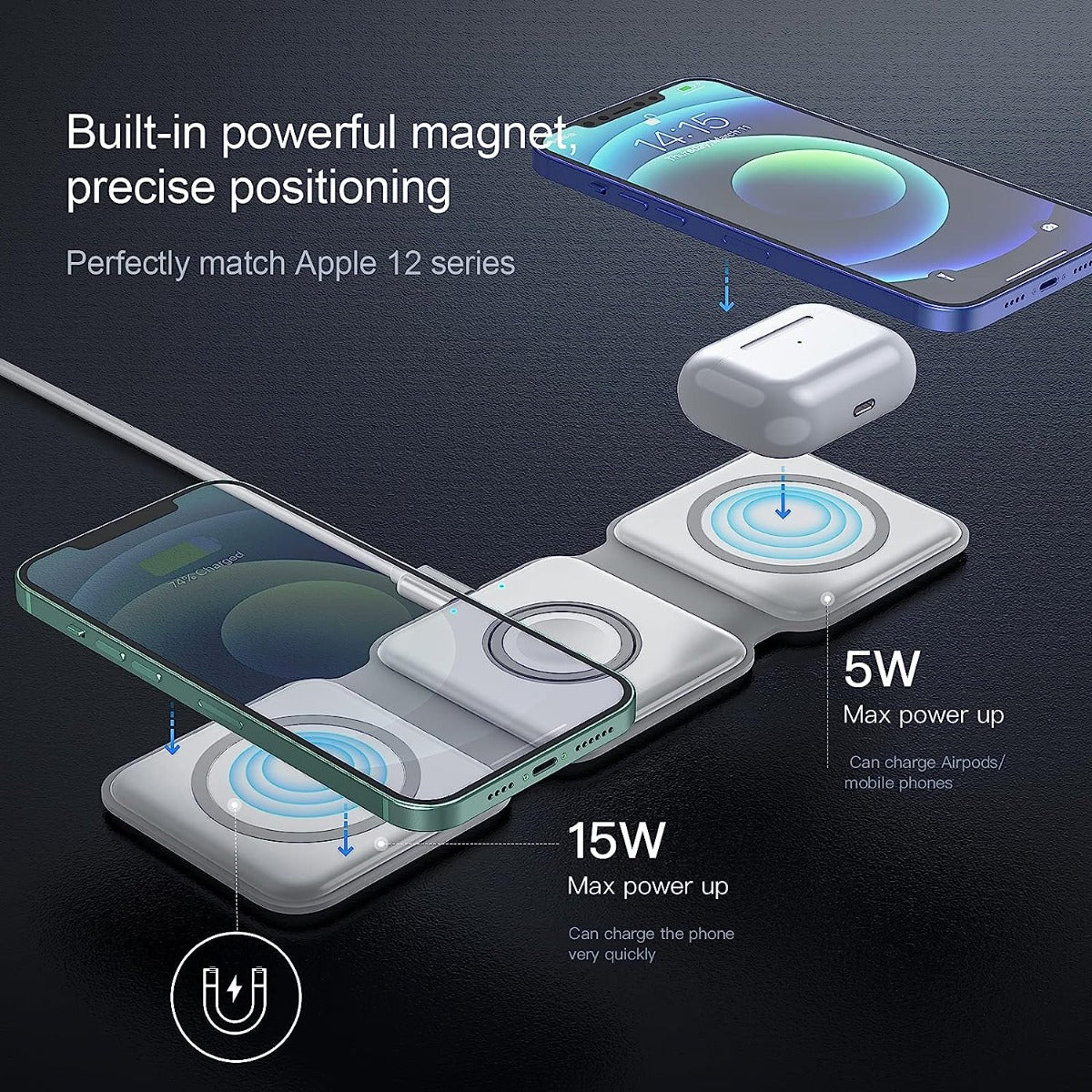 Caricabatterie wireless 3 in 1 pieghevole stazione di ricarica wireless rapida docking station caricatore senza fili