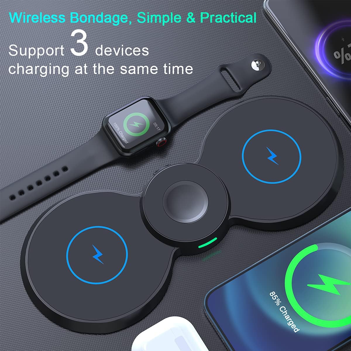 Caricatore Wireless 3 in 1 Andowl Q-WX700 – Stazione di Ricarica Rapida 20W per Smartphone, Smartwatch e Auricolari