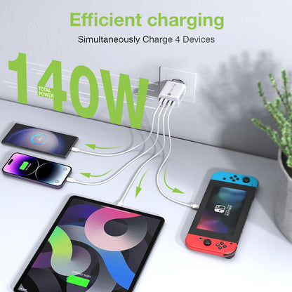 Caricatore Alimentatore GaN 3 porte USB-C e 1 USB-A da Muro 140W
