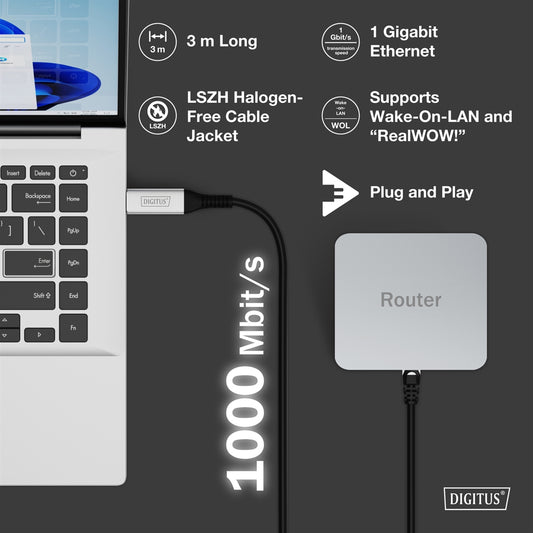 DIGITUS USB 3.2 Gen1 - Cavo Ethernet RJ45, 1Gbit/s, 3 mt. colore nero