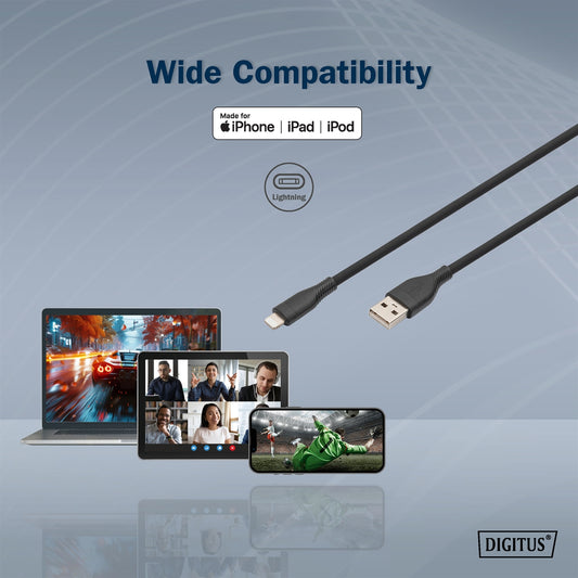 DIGITUS Cavo di collegamento in silicone Lightning,USB-A - Lightning 0,5 mt,nero