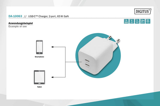 DIGITUS Caricatore USB-C, 2 porte, 65 W GaN