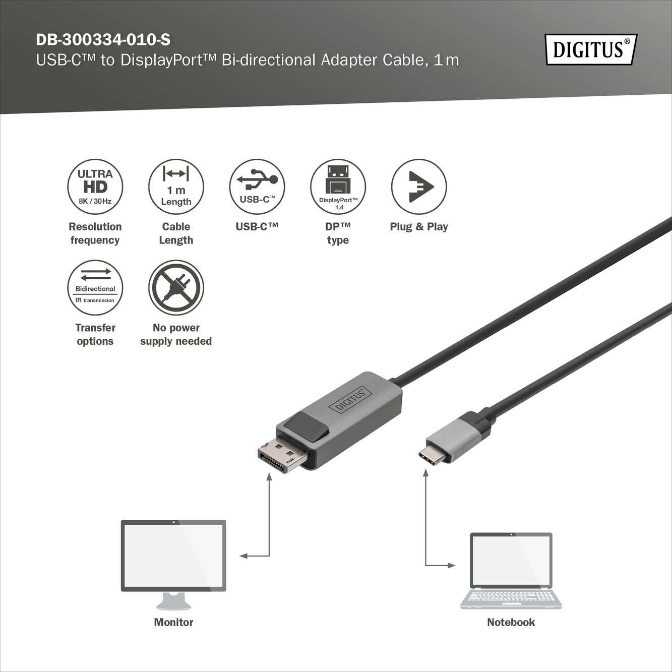 Cavo adattatore bidirezionale da USB Tipo C a DisplayPort mt 1