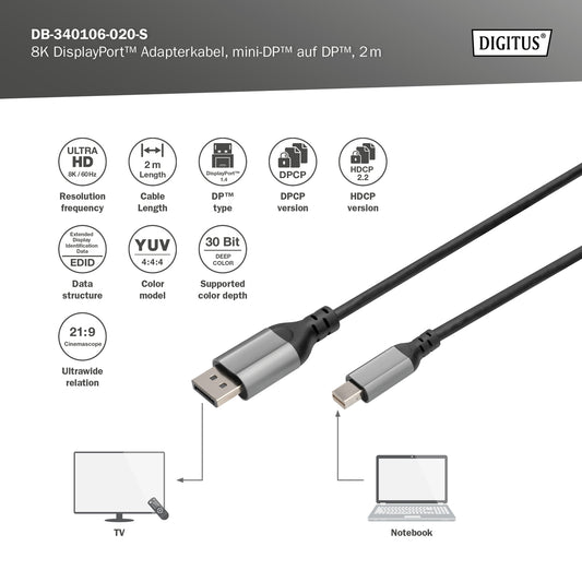 DIGITUS Cavo adattatore DisplayPort 8K, da mini DP a DP mt 2