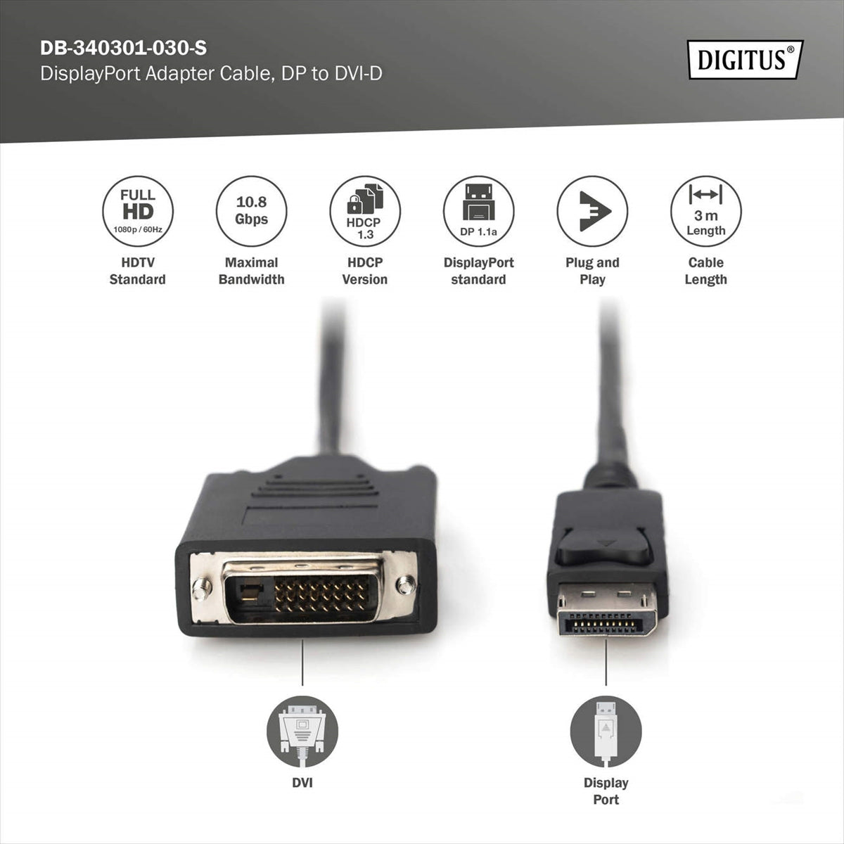 Cavo adattatore DisplayPort, da DP a DVI-D 3 mt. colore nero