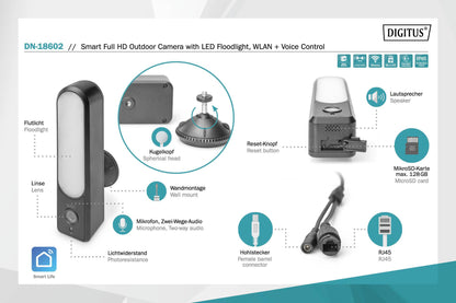 Telecamera smart da esterno Full HD con proiettore a LED, WLAN + comando vocale Digitus