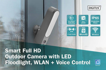 Telecamera smart da esterno Full HD con proiettore a LED, WLAN + comando vocale Digitus