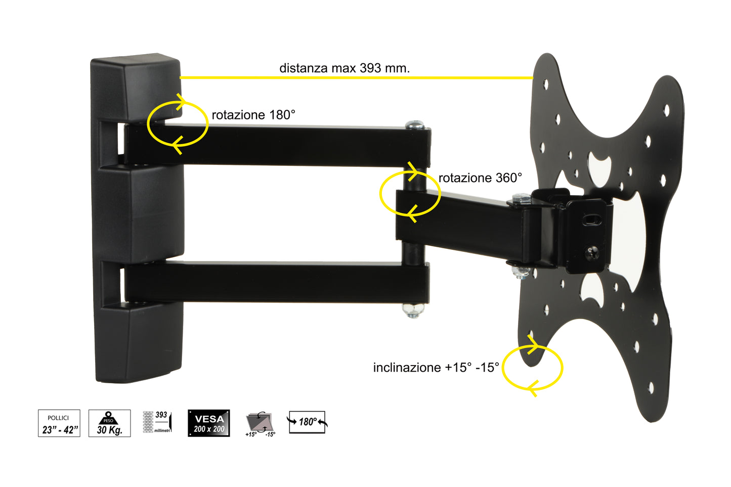 STAFFA A MURO ORIENTABILE A 3 NODI PER TV 23-42" FINO A VESA 200X200