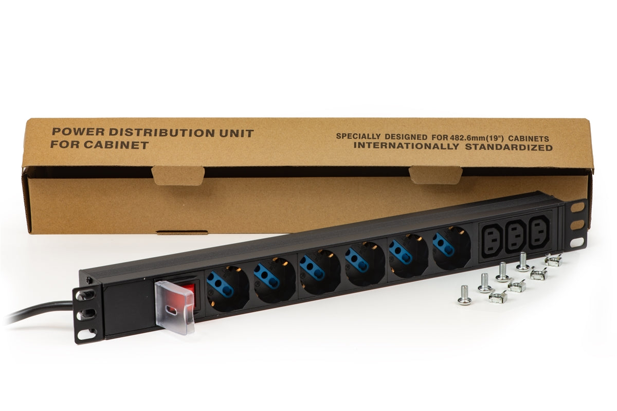 MULTIPRESA DA RACK 19" CON 6 PRESE UNIVERSALI + 3 PRESE C13 CON INTERRUTTORE SPINA ITALIANA 16A