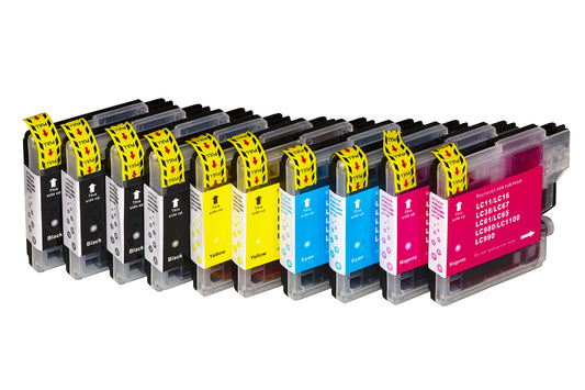 CONFEZIONE 10 CARTUCCE COMPATIBILI  PER USO SU BROTHER LC-980/LC1100BK/C/M/Y 4 NERE + 2 PER COLORE