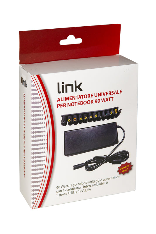 ALIMENTATORE UNIVERSALE PER NOTEBOOK 90 WATT 5A MAX, REGOLAZIONE AUTOMATICA 12-20 VOLT CON 12 ADATTATORI , 1 PORTA USB PER RICARICA 5 VOLT 18 WATT