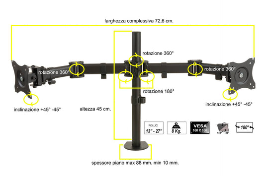 BRACCIO SUPPORTO DA TAVOLO CON MORSA PER 2 MONITOR 13-27" FINO A 8 KG A 3 SNODI