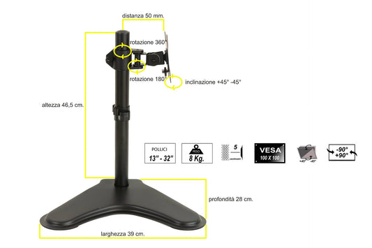 BRACCIO DA TAVOLO CON BASE PER VIDEO FINO A 8 KG DA 13 A 32" FINO A VESA 100X100