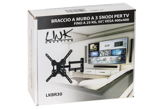 BRACCIO A MURO A 3 SNODI PER TV FINO A 25 KG, 50" FINO A VESA 400X400