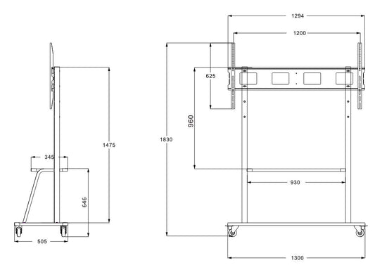 SUPPORTO PER TV CON RUOTE FINO A 130 KG MAX VESA 1200X600 E VIDEO FINO A 180"