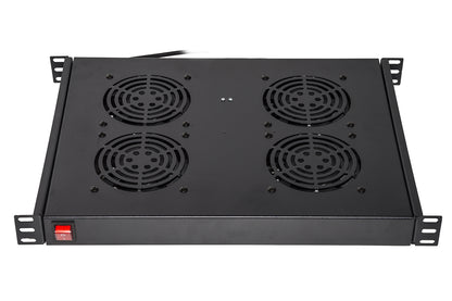 RIPIANO PER ARMADI RACK 19" CON 4 VENTOLE NERO 4 AGGANCI 483x330x44mm CON TERMOSTATO