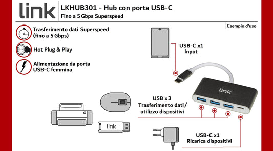 HUB USB-C CON 3 PORTE USB 3.0 + PORTA USB-C