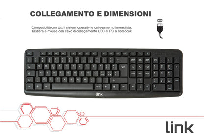 KIT TASTIERA ITALIANA 108 TASTI E MOUSE OTTICO CON CAVO USB