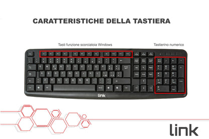 KIT TASTIERA ITALIANA 108 TASTI E MOUSE OTTICO CON CAVO USB