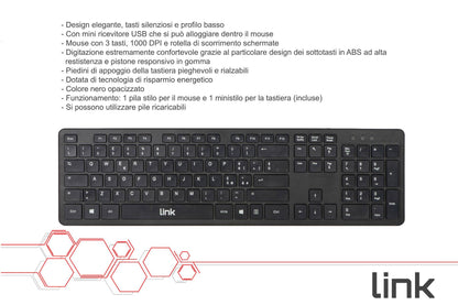 KIT TASTIERA ITALIANA E MOUSE WIRELESS CON PILE INCLUSE