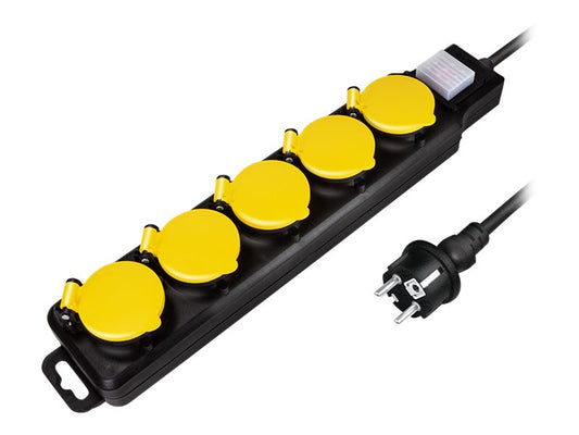 MULTIPRESA 5 PORTE DA ESTERNO CON COPERCHI DI PROTEZIONE, PRESE E SPINA SCHUKO
