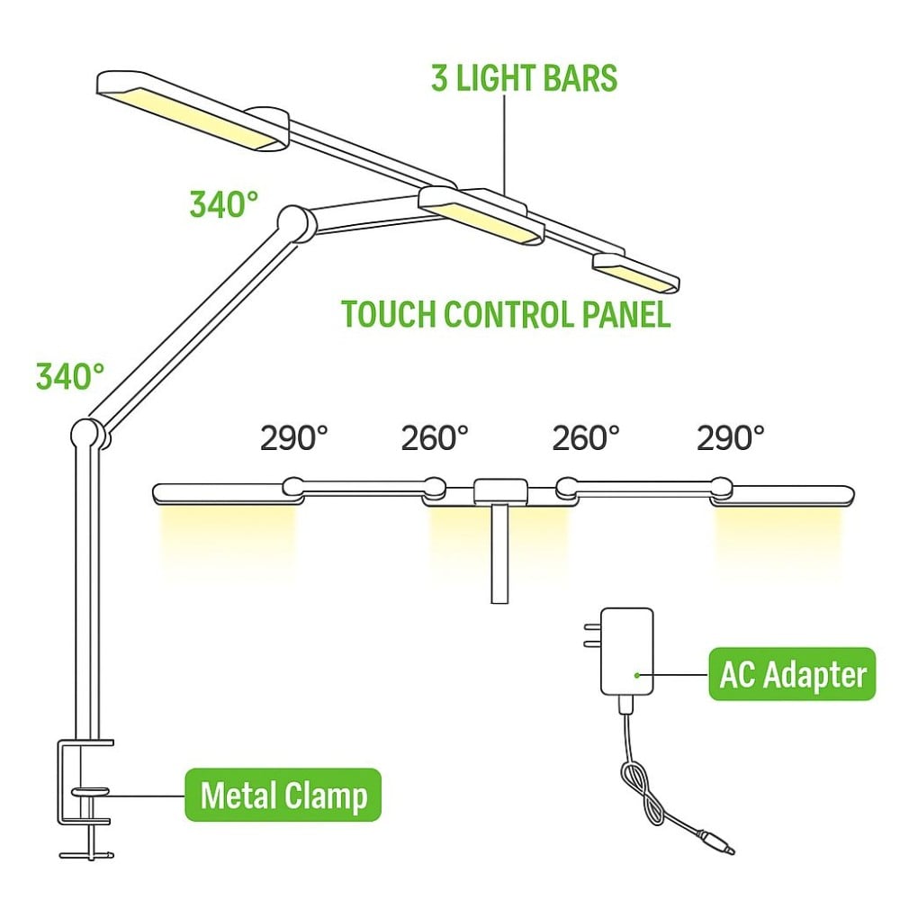 Lampada LED a Tripla Sorgente Luminosa con Braccio Regolabile e Attacco a Morsetto