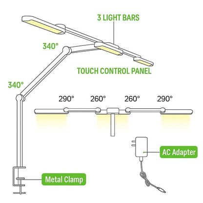 Lampada LED a Tripla Sorgente Luminosa con Braccio Regolabile e Attacco a Morsetto