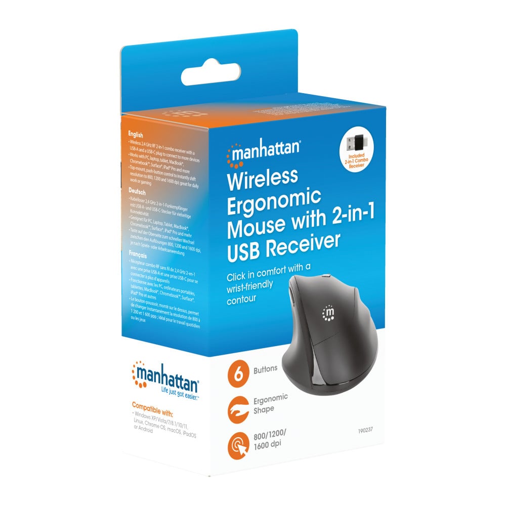 Mouse ergonomico wireless con ricevitore USB 2 in 1