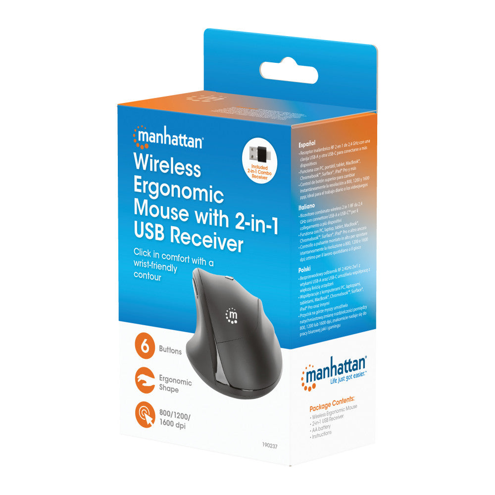 Mouse ergonomico wireless con ricevitore USB 2 in 1
