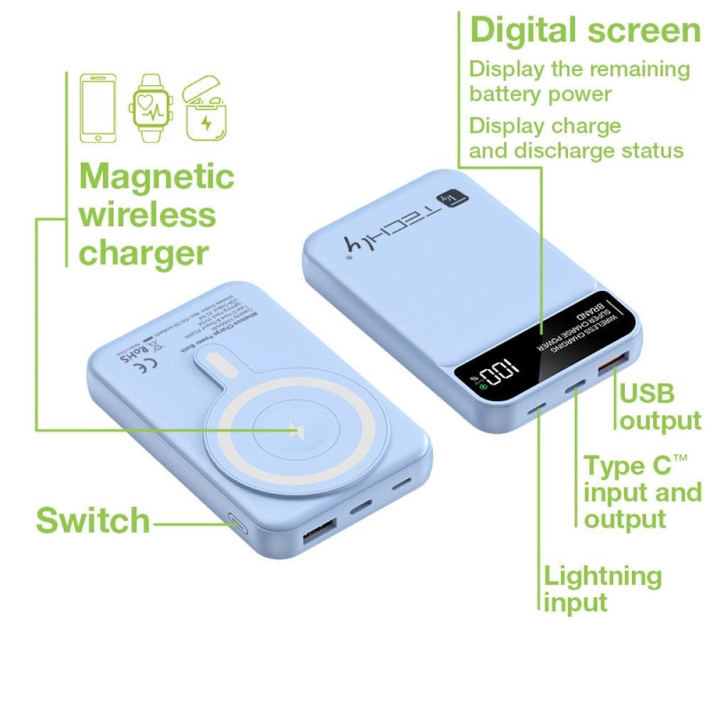 Power Bank Wireless Magnetico 3 in 1 con LED 10.000 mAh 22,5W Azzurro