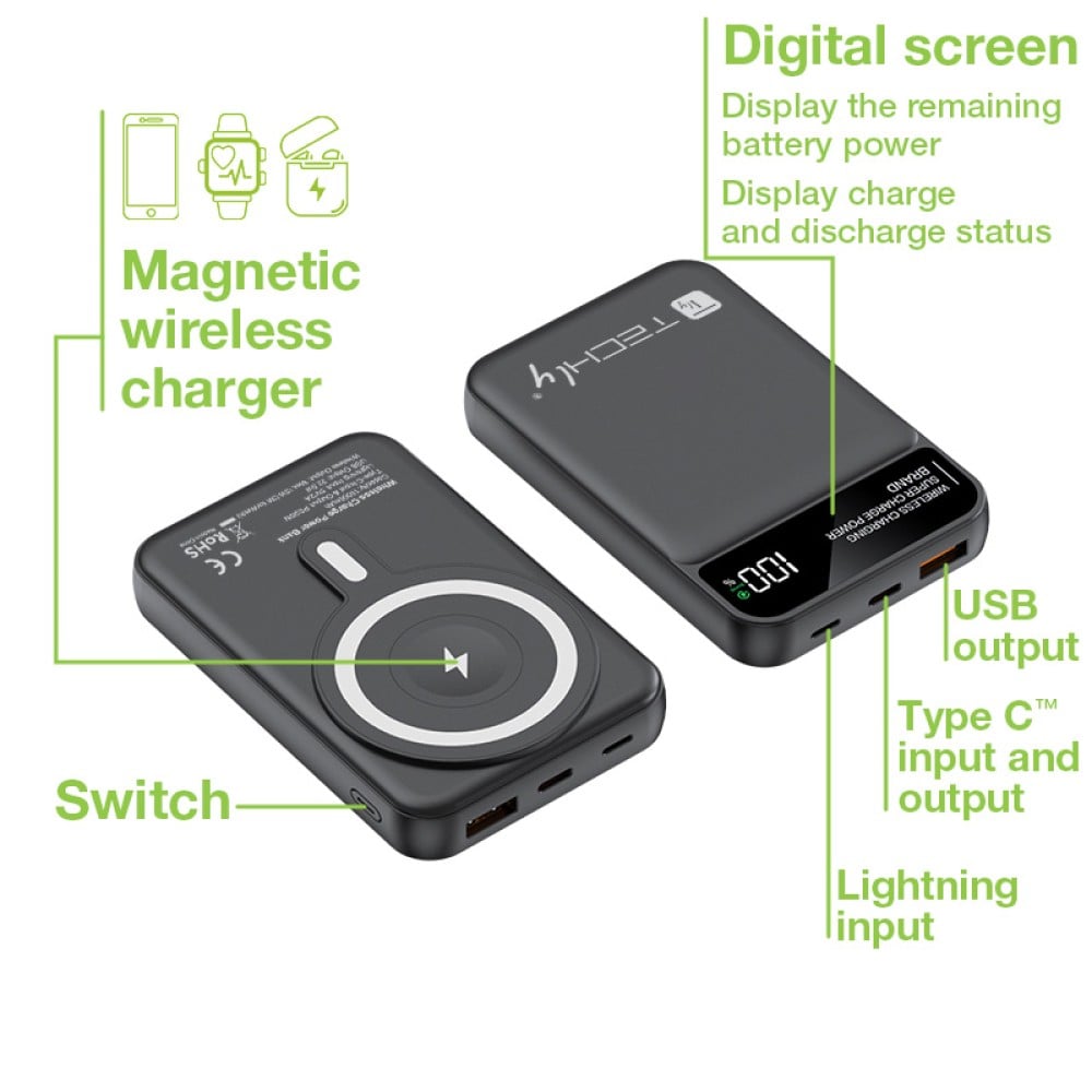 Power Bank Wireless Magnetico 3 in 1 con LED 10.000 mAh 22,5W Nero