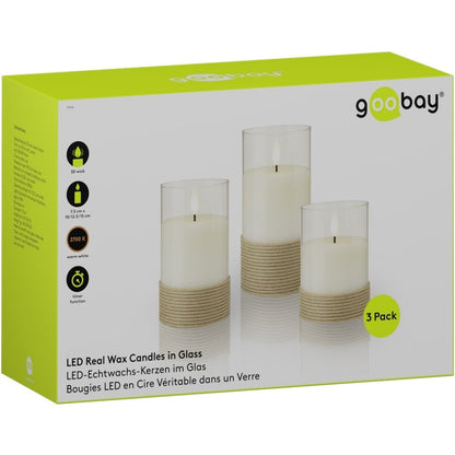 Set di 3 Candele a LED in Vera Cera Bianca in Vetro e Canapa con Timer