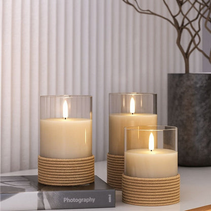 Set di 3 Candele a LED in Vera Cera Bianca in Vetro e Canapa con Timer