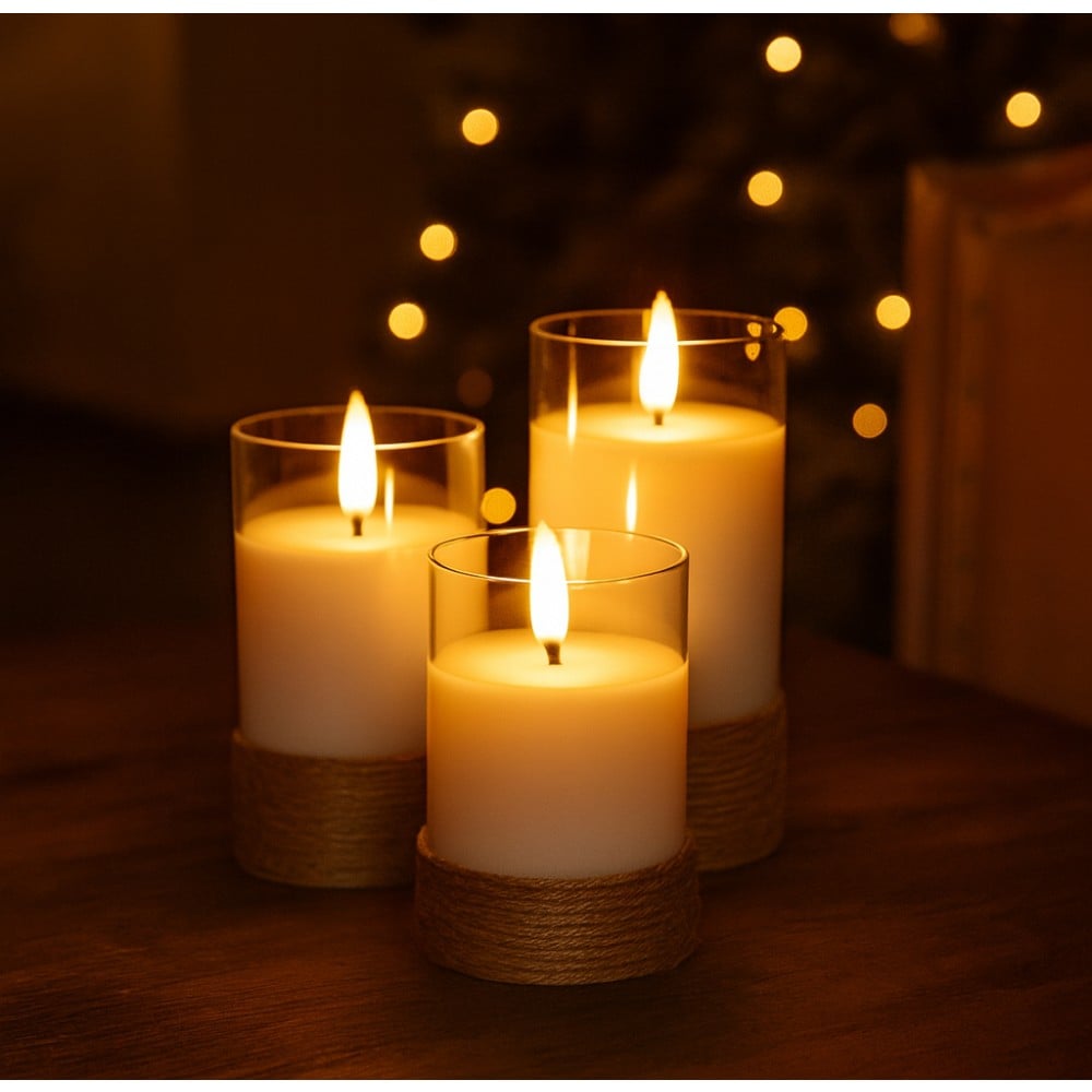Set di 3 Candele a LED in Vera Cera Bianca in Vetro e Canapa con Timer