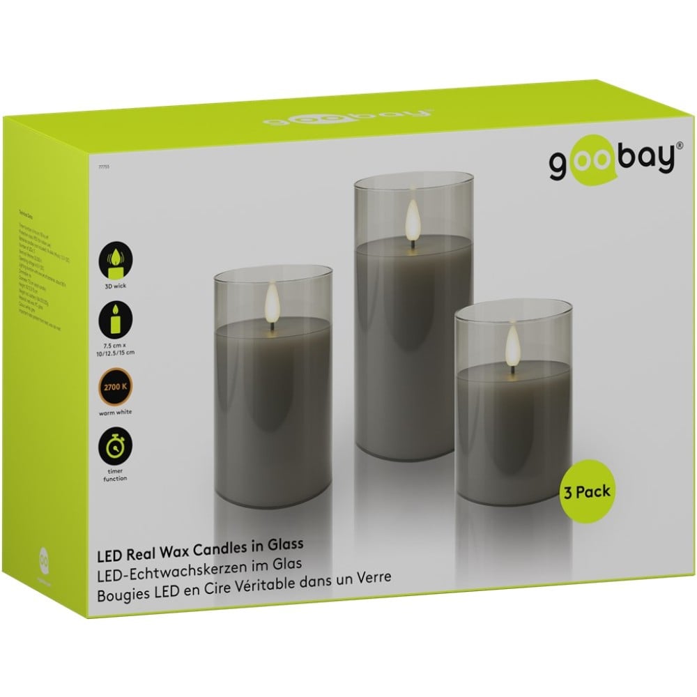 Set di 3 Candele a LED in Vera Cera in Vetro con Timer Grigio