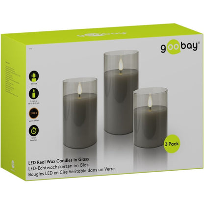 Set di 3 Candele a LED in Vera Cera in Vetro con Timer Grigio