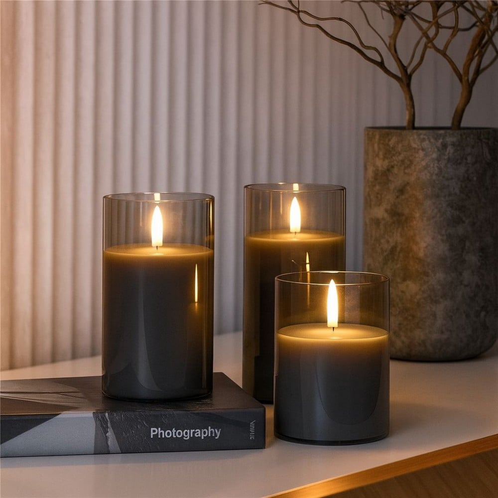 Set di 3 Candele a LED in Vera Cera in Vetro con Timer Grigio