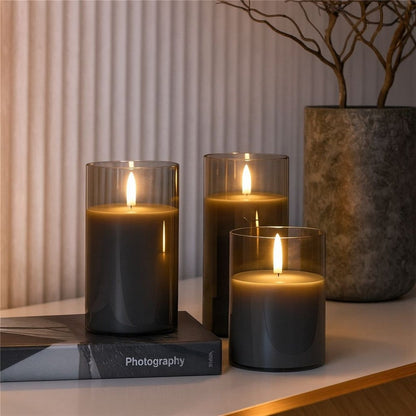 Set di 3 Candele a LED in Vera Cera in Vetro con Timer Grigio